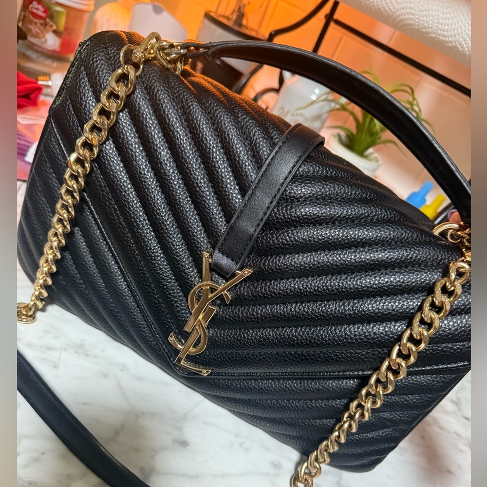 Yves Saint Laurent Black Chevron Shoulder Bag with Gold Chain
